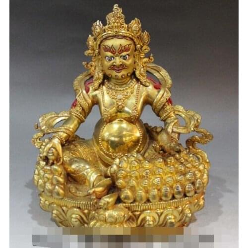 S01378 10"Tibet Bronze 24K Gold painting Mouse Yellow Jambhala Wealth God Buddha Statue