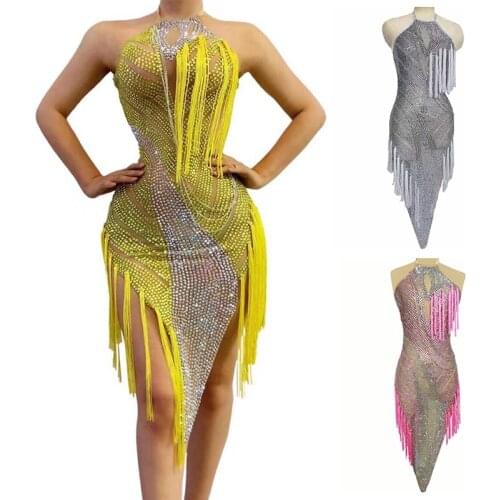 Sexy Nightclub Singer Performance Wear Tassel Rhinestone Halter Dress Host Clothes Female Cocktail Party Eevening Dresses 3729