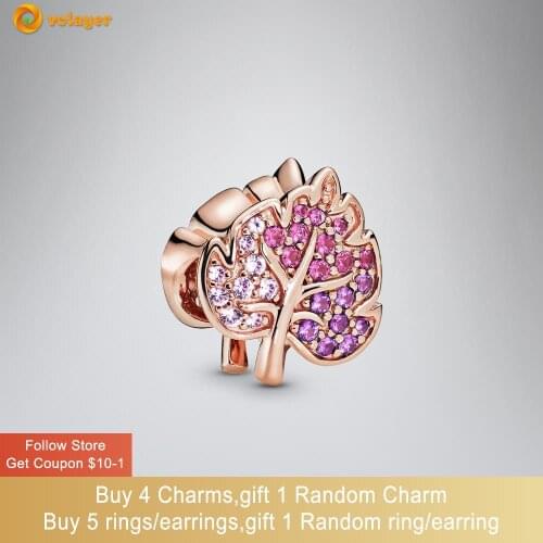 Volayer 925 Sterling Silver Beads Sparkling Pave Leaf Charms fit Original Pandora Bracelets for Women Jewelry Making Gift