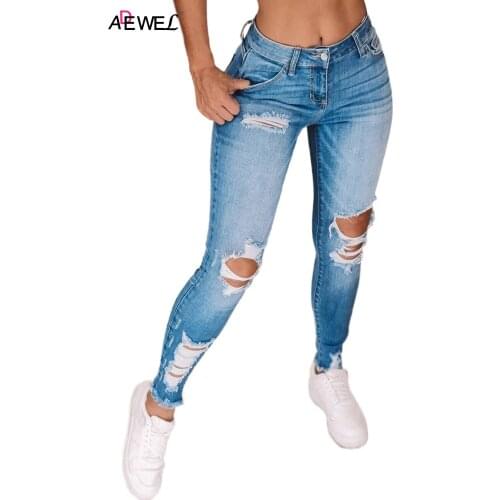 Skinny Jeans Sky Blue High Waist Distressed Ripped Pantalon Fluide Trousers Pantalones Anchos Mujer Femme Pants Calsas Femininas