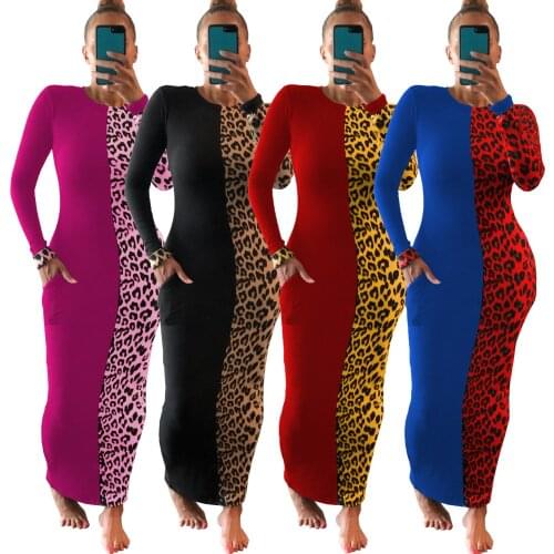 Patchwork Leopard Long Dress Women Sexy Bodycon Long Sleeve Dresses Autumn Spring Birthday Sundress Women Boho Long Maxi Dress