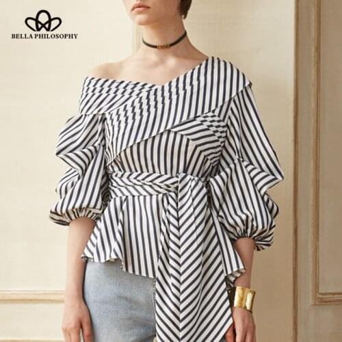 Bella Philosophy spring women half lantern sleeve blusas striped fashion ladies blouse skew collar female sashes shirt