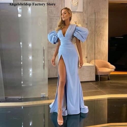Angelsbridep Elegant Long Evening Dresses Sky Blue Deep V Neck Short Sleeves Prom Gown High Slit Women 2021 Party Occasion Dress