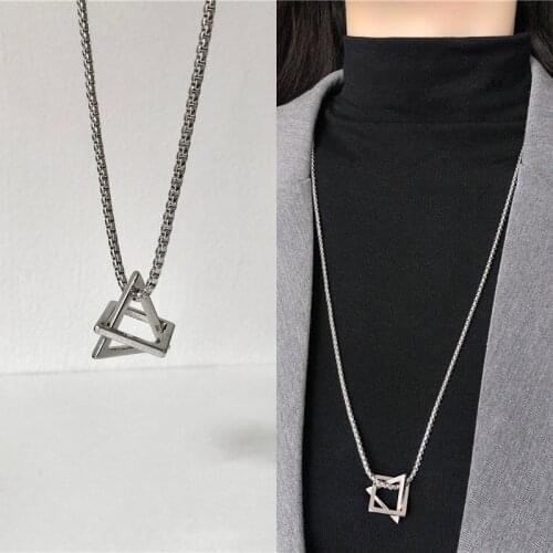 Punk Simple Hollow Metal Square Rhombus Triangle Pendent Necklace for Women Girls Long Coat Sweater Chain 2021 Trend New Arrival