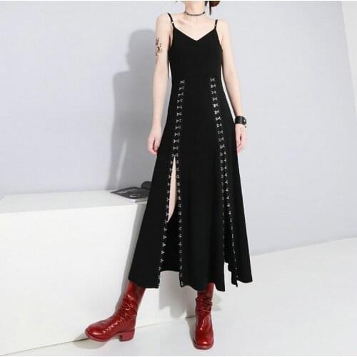 Women Black Dress Goth Slip dresses Midi Sexy V Backless High Split Metal Hook Decorate Plus Size Slim Fit Vestido Mujer Elegant