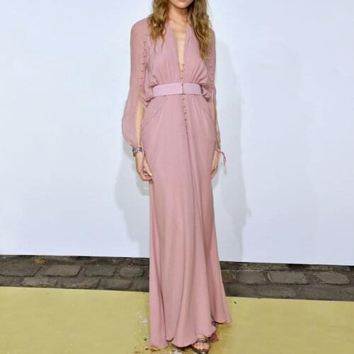 Runway Spring Summer Luxury Women High Quality Pink Chiffon Sexy V Neck Button Fashion Design With Belt Long Dress Female