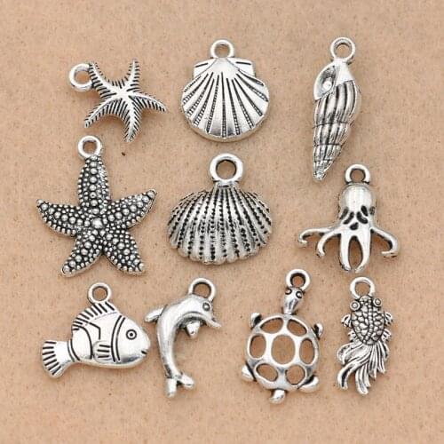 10pcs Mix Tibetan Silver Plated Ocean Hippocampus Turtle Shells Fish Charms Pendants Jewelry Making Diy Accessories Handmade