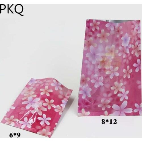 100/200pcs Pink Cherry Blossoms 6*9/8*12 cm Aluminum Foil Food Packaging Bag Flat Bottom Mylar Heat Sealing Package Bags 8/1