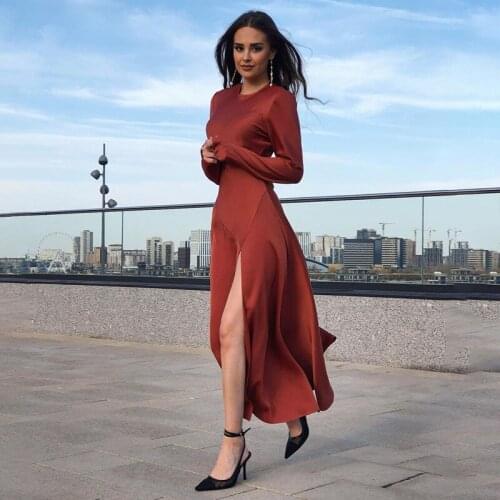 Satin Women Dress 2021 Fashion Sexy High Side Split O Neck Long Sleeve Elegant Party Ladies Dresses Casual Solid Color Dress