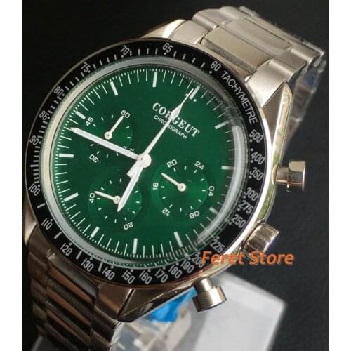Corgeut New Green 40MM Mens Stainless Steel Multi-Function Chronograph Quartz Watch часы мужские Leather Sport Relogio Masculino