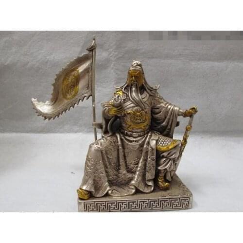 China White Copper Silver Gilt famous flag Guan Gong warrior reading Book Statue