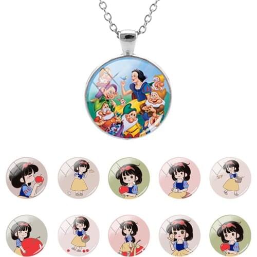 Disney Princess Snow White Pattern Classic 25mm Glass Dome Pendant Necklace Cartoon Necklaces for Girls Cabochon Jewelry DSY803