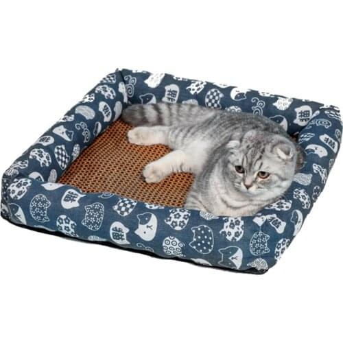 Pet Cat Mat Summer Ice Silk Cooling Dog Mat Suitable for Small and Medium Pet Bed with Side Pillow Cat Sofa Cushion Pet Supplies