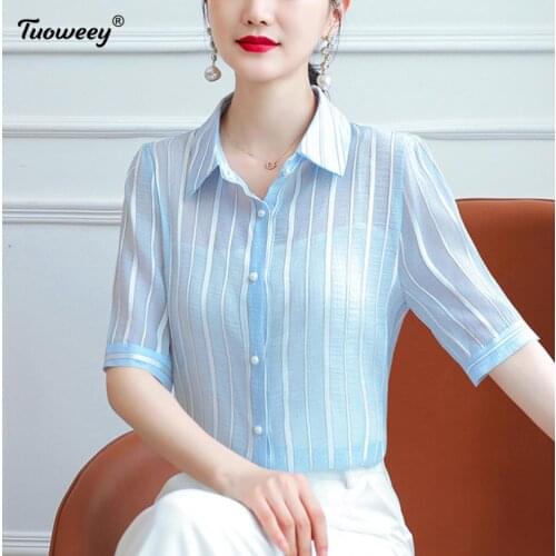 Fashion Woman Blouse 2021 Striped Chiffon Blouse Shirt short Sleeve Women Shirts Office Work Wear Womens Tops And Blouses