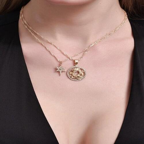 ALYXUY 2 pcs/set Fashion Round Dragon Fashion Personality Shining Meteor Pendant Octagon Star Necklace Jewelry Women Girls Gift