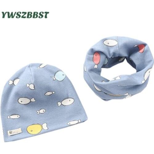 New Spring Cotton Baby Hat Set Car Fish Leaves Print Hat Cap Scarf for Boys Girls Autumn Winter Kids Skullie Children Beanie Cap