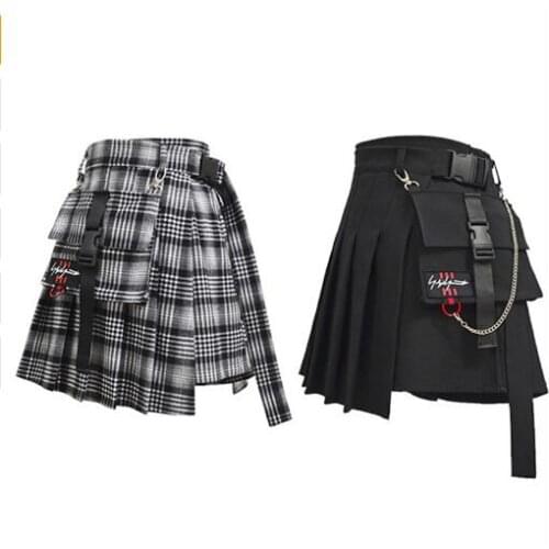 New Women Black Shorts Skirts with Pocket Japan Harajuku Hard Girl Vintage Plaid Irregular Pleated Fashion Mini Skirt