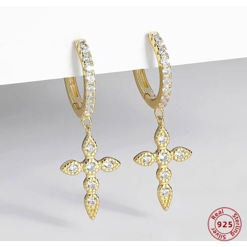New 925 Sterling Silver Zircon Cross Pandant Drop Earrings For Women 18K Gold Plated CZ Huggie Earring High Quality Fine Jewelry