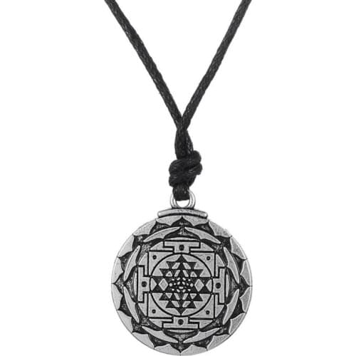 Yoga Pendant Necklace Sri Yantra for Growth and Healing Amulet Wealth Goddess Talisman Leather Cord