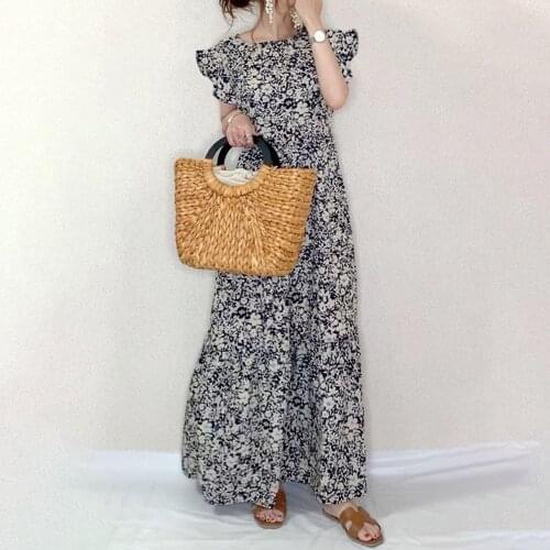 Japan Women Long Dress Flower Print Summer Ruffle Sleeve Robe Femme Vestido 2020 Korea Falbala Summer Boho Young Maxi Dress New