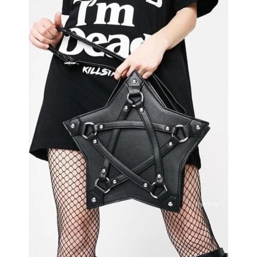 JIEROTYX Dark Gothic Pentagram Shoulder Bag Unisex Punk Designer Casual Totes Women Fashion Retro Handbag Gifts Black Leather
