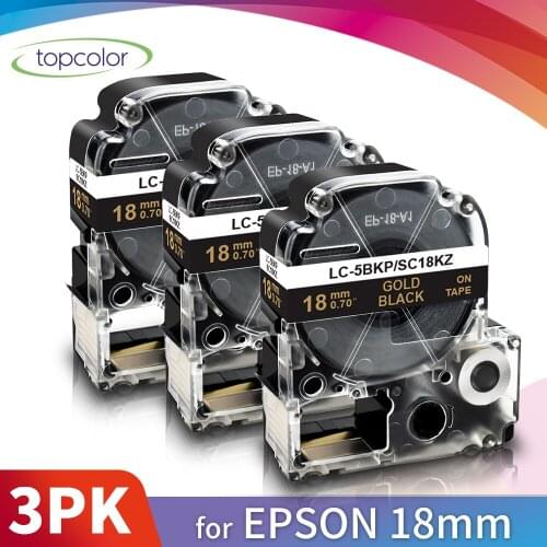 Topcolor 3PK Gold on Black 18mm Label Tape Compatible Epson Label Maker SC18KZ for KingJim Label Printer SR5500P SR40 SR220 SR45
