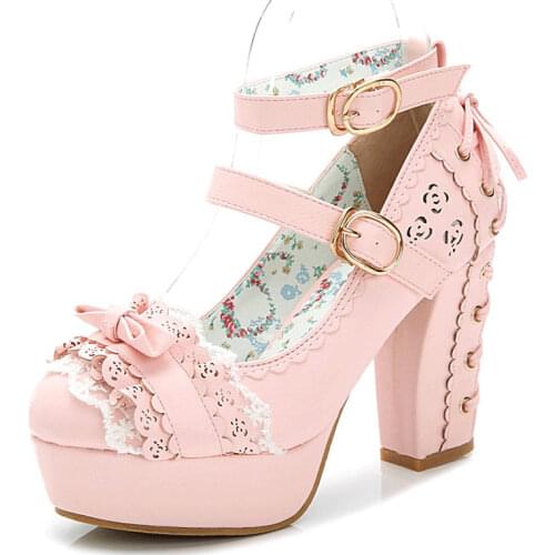 Lolita shoes tea party shoes sweet Japanese high-heeled platform lace bow Bowknot Princess Kawaii Girl Women Shoes Vintage Sweet