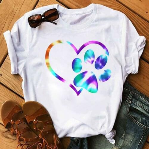 New Women T Shirt Colorful Shiny Dog Paw Printed T Shirt Female Harajuku Cute Graphic Tee Shirt 90s Ladies Funny T-shirt Clothes