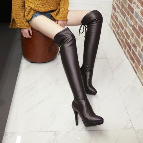 Artificial Leather Comfortable Long Stretch Boots Pointed Toe Super High Stiletto Short Plush Lining Womens Over-The-Knee Boots