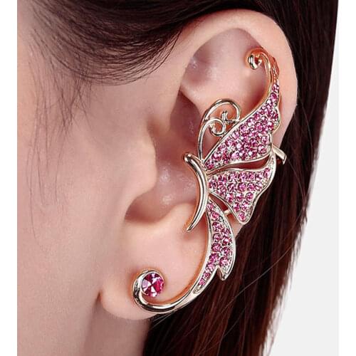 Punk Clip Earrings Shiny Crystal Butterfly Ear Clip for Women Imitation Pearl Ear Cuff Personality Adjustable Ear Clips