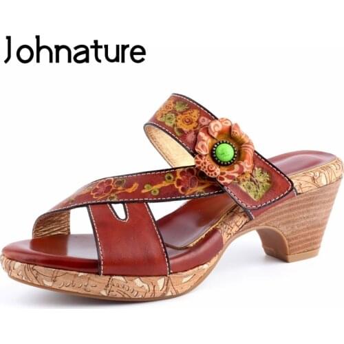 Johnature Women Slippers Genuine Leather 2021 New Summer Hand-painted Women Shoes Slides Handmade Sewing Concise Ladies Slippers