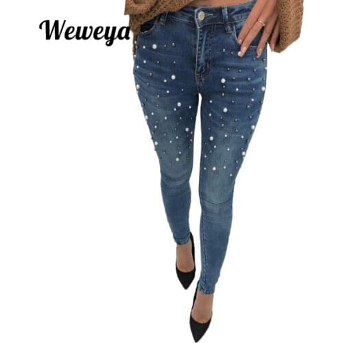 Weweya 2018 Pearl Beading Jeans Casual Women Skinny Jeans High Waist Push Up Slim Stretch Denim Jeans Pants For Women
