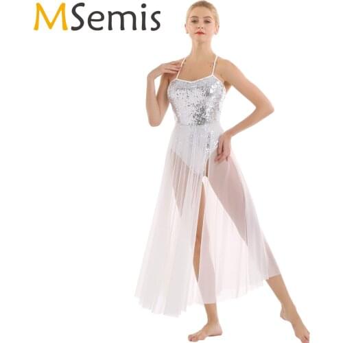Women Ballet Dress Ballerina Spaghetti Strap Sleeveless Sequined Modern Lyrical Latin Gymnastic Dancing Leotard Bodysuit Costume