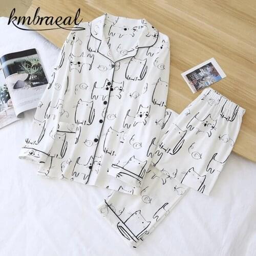 2021 Spring and Autumn Long-sleeved Trousers Womens Pajamas Two-piece 100% Cotton Cartoon Cat Sleepwear Soft Homewear Summer