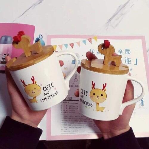 New cartoon elk mobile phone holder creative coffee mugs with lid spoon ceramic cup office home couple teacup breakfast cup
