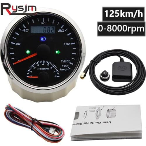 85mm Boat Car GPS Speedometer 125km/h With Tachometer 0-8000rpm Left Right High Beam With GPS Antenna 12/24V fit Auto moto yacht