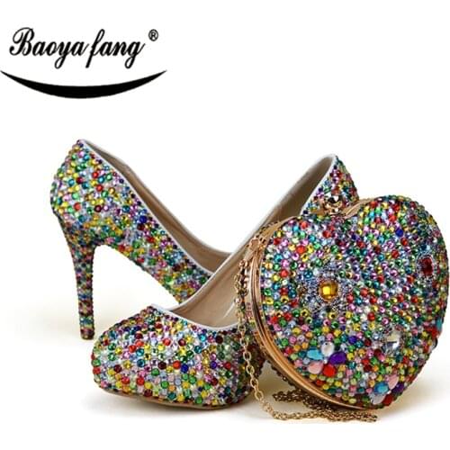 BaoYaFang Multicolor crystal wedding shoes with matching bags woman High heel platform shoes and purse set heat bag