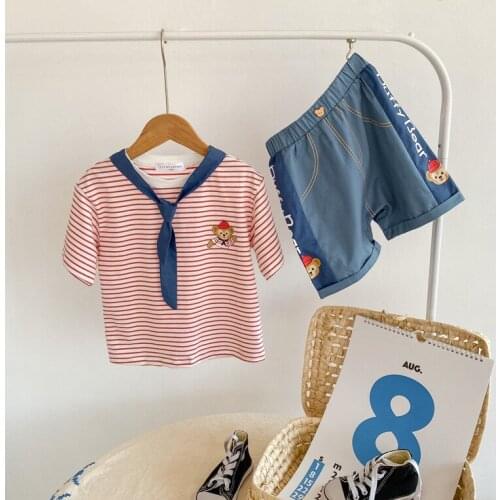 Spot Childrens Cartoon Suit Siblings Boys and Girls Navy Collar Striped Short-sleeved T-shirt + Shorts Skirt Two-piece Suits