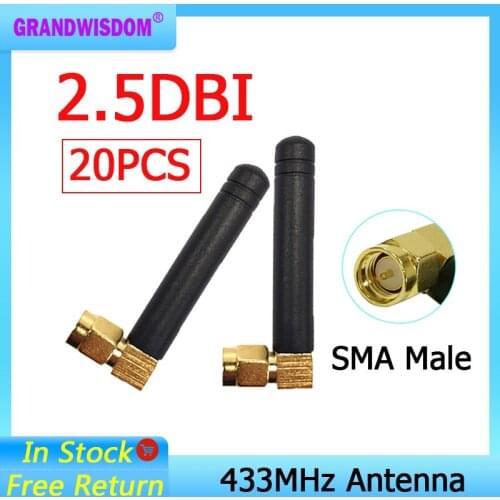 20pcs 433MHz Antenna 2.5dbi SMA Male Connector 433 MHz antena Small size elbow rubber antenne Wireless Receiver for Lorawan