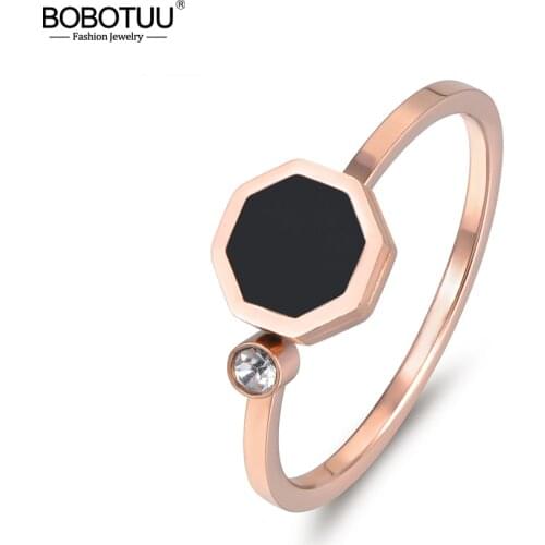 BOBOTUU Rose Gold Color Hexagon Black Shell And Single Tiny Rhinestones Stainless Steel Rings For Women Christmas Gifts BR17029