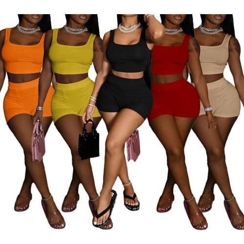 2021 Summer Womens Sportswear 2pcs Ladies Sleeveless Low-cut Cropped Tanks Tops High Waist Short Pants Loose Casual Clothes Set