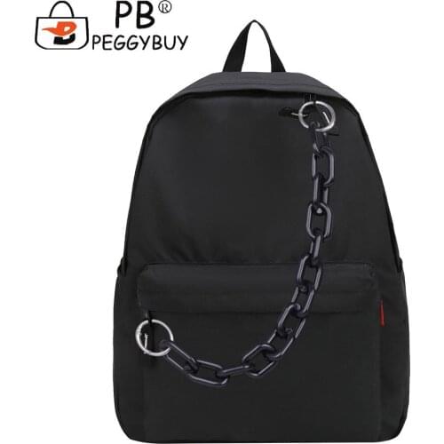 Fashion Women Black Color Backpacks with Acrylic Chain Decor Portable Nylon Large Capacity Zipper Travel Knapsacks School Bags