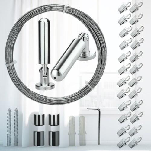 5M Curtain Drape Wire Curtain Hanging Wire Rod Kit Tapestry Child Craft Wall Decoration Picture Hanging Kit With 24 Metal Clips