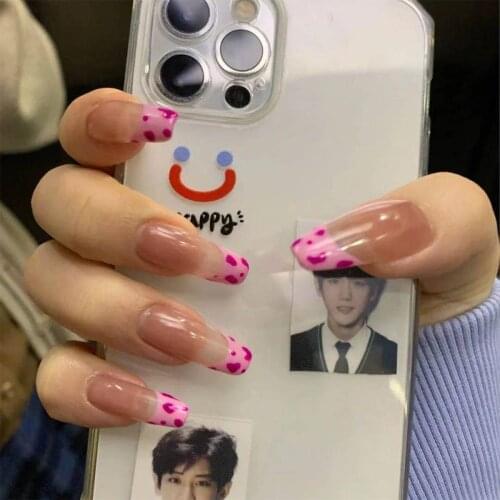 24Pcs False Nails Full Cover Fake Nails Transparent Pink Leopard Print French Long Nails Square Shape DIY Nail Art Decoration