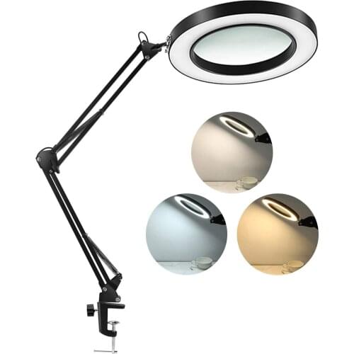 Magnifying Desk Lamp 10 Diopter Real Glass Lens 3 Color Modes Stepless Dimmable LED Magnifier Light and Stand for Crafts