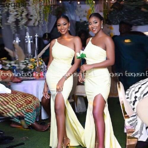 Cheap Beige Bridesmaid Dresses Sexy Split One Shoulder Mermaid Prom Party Gowns For Wedding Black Girl Maid Of Honor