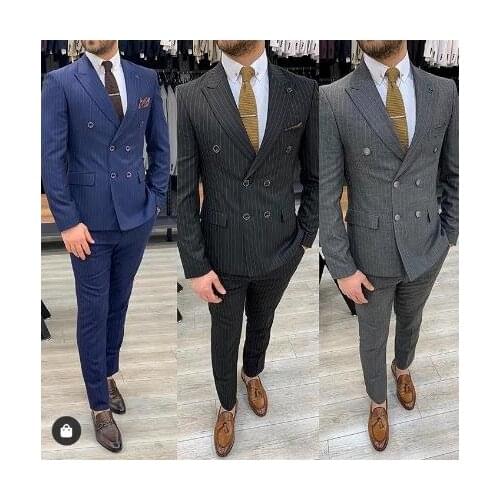New Arrival Stripe Men Suits Slim Fit Wedding Groom Tuxedos Suit Costume Homme Prom Mariage 2 Pcs Terno Masculino (Jacket+Pants)