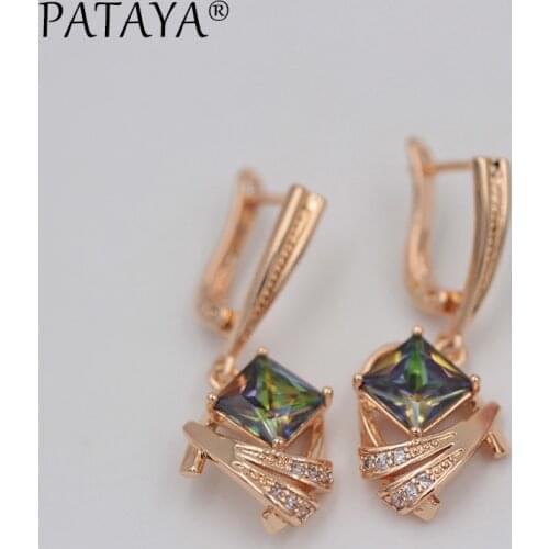 PATAYA 585 Rose Gold Long Earrings AB Colorful Natural Cubic Zirconia Earring Jewelry Women Luxury Purple Square Dangle Earrings