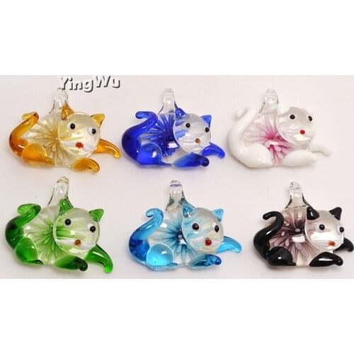 Yingwu 12pcs/box Wholesale Handmade Cat Lampwork Pendants Mixed Color Inner Flower Crystal Charms for DIY Jewelry Decor 38mm