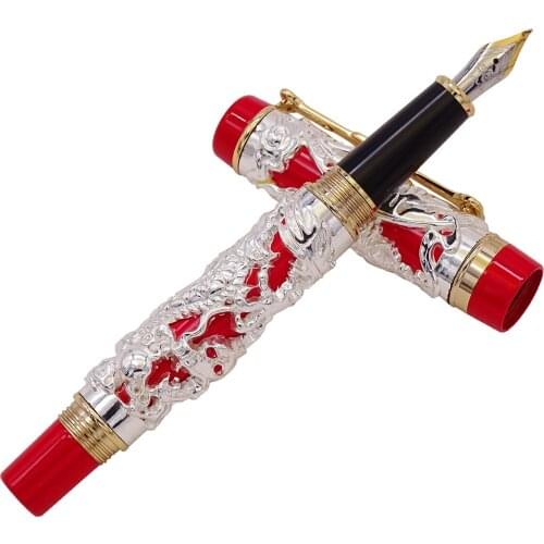Jinhao Dragon Phoenix Vintage Luxury Calligraphy Pen Fountain Pen Bent Nib Full Metal Silver & Red Carving for Art Office Gift